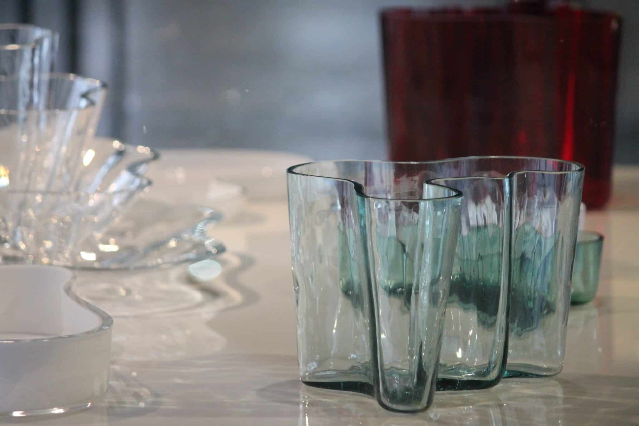 Iittala Aalto vase and other glass Items at the Iittala Glass Museum Exhibition.