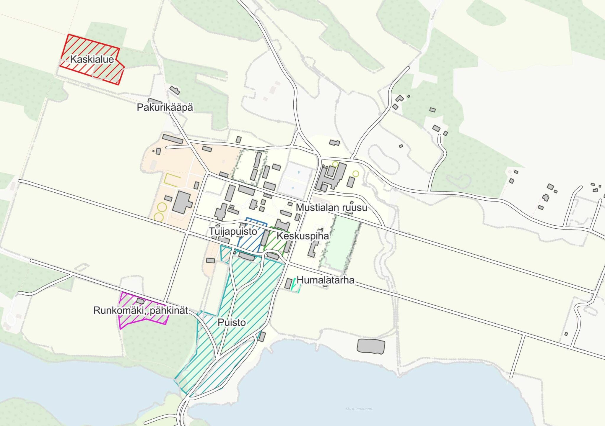 Karttakuva Mustialan arboretumin puulajeista