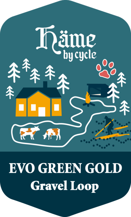 Reittilogo, jossa on maatila, lehmiä, puita ja tassunjälki.