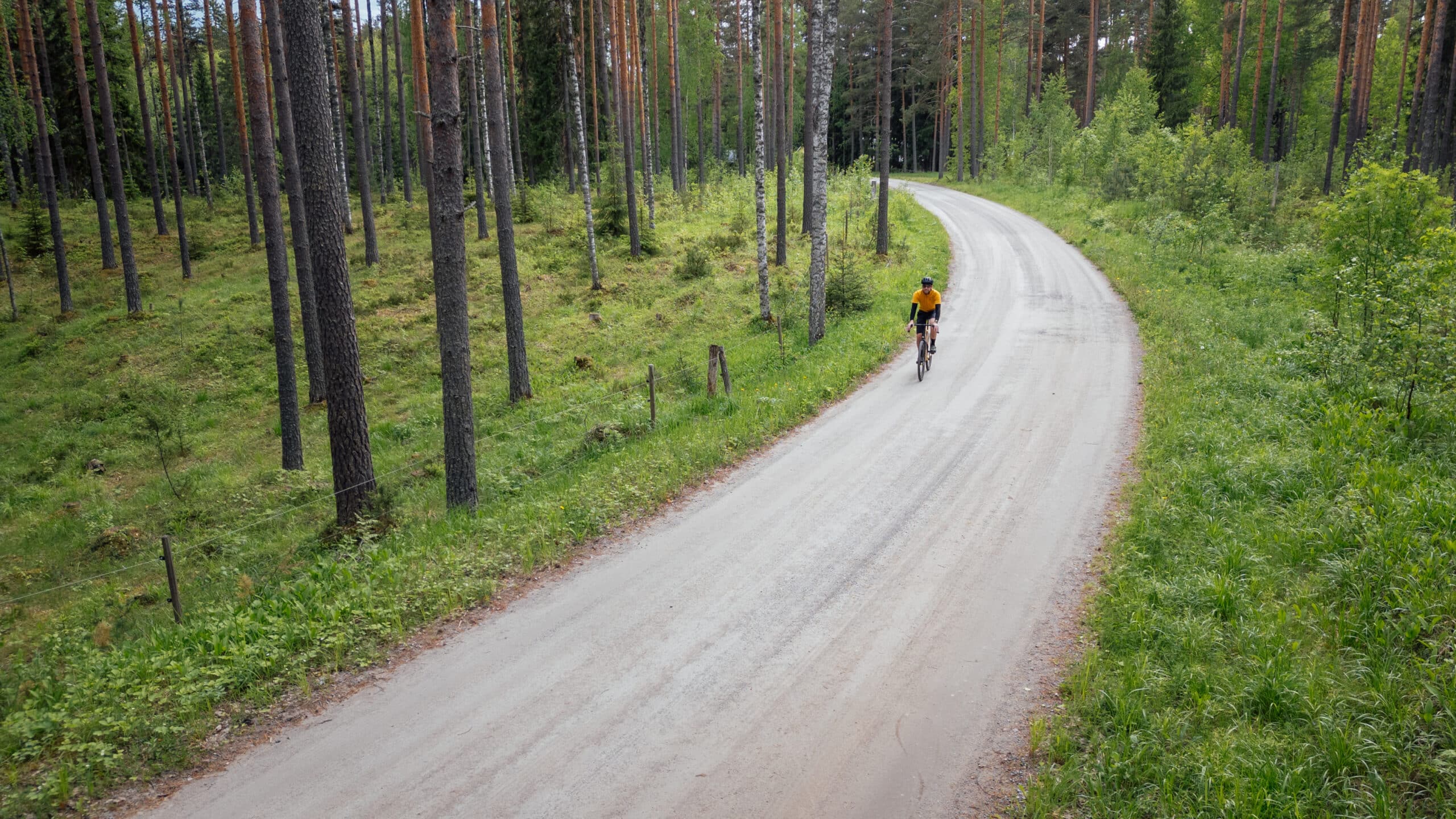 Pyöräilijä kulkee yksin hiekkatiellä metsässä.