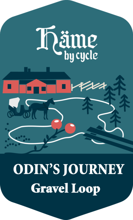 Kuvitettu reirrilogo, jossa maatalo, hevonen ja karpaloita.