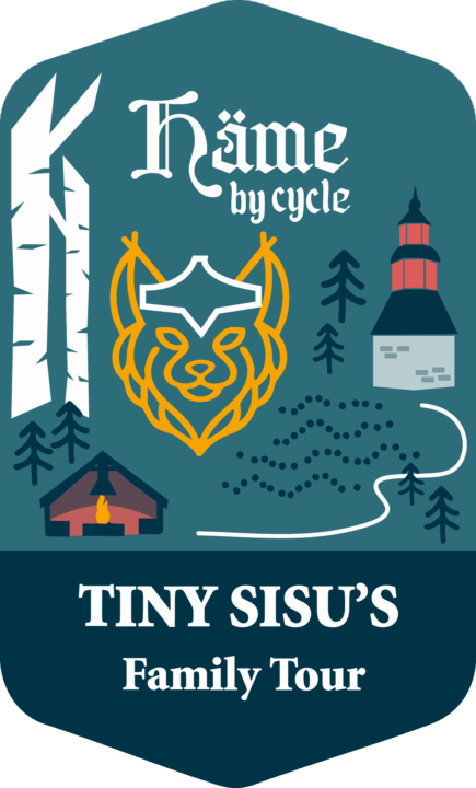 Kuvitettu logokuva, jossa on kirkon torni, koivuja ja ilves