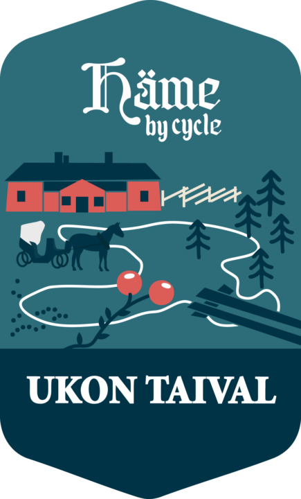 Logokuva, jossa punainen rakennus, reitti, karpaloita ja pitkospuut.