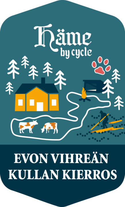 Logo, jossa kuvataan rengasreitti, metsää, lehmiä ja tukkijätkiä.